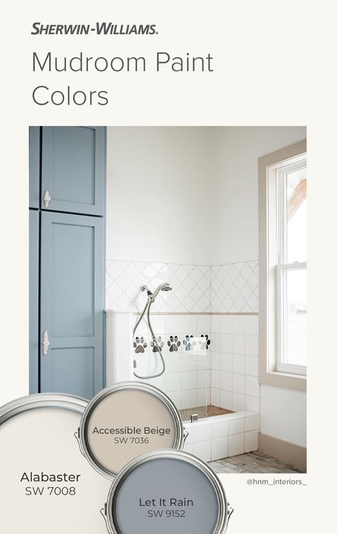 Magnificent mudrooms start with Sherwin-Williams paint colors. For a timeless look you'll love, try walls in Alabaster SW 7008, cabinets in Let It Rain SW 9152, and trim in Accessible Beige SW 7036. To see these hues in your home, tap this pin to order free color chips from a pre-loaded cart. (Photo courtesy: @hnm_interiors_ on Instagram.)  #SherwinWilliams #Mudroom #MudroomColors #DIY #NeutralPaintColors #WhitePaint #BeigePaint #BluePaint #Color #Inspiration #Paint #HomeImprovement Sherwin Williams Storm Cloud Bathroom, Sw Cabinet Paint Colors, Sw Let It Rain, Accessible Beige Sherwin Williams Trim, Let It Rain Sherwin Williams, Sherwin Williams Let It Rain, Most Popular Sherwin Williams Colors, Mudroom Paint Colors, Alabaster Sherwin Williams Walls