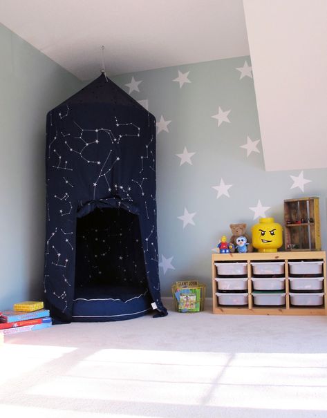 playroom in Palladian Blue -tag&tibby Playroom Space Theme, Sensory Corner Bedroom, Sensory Tent Ideas, Space Themed Playroom, Sensory Friendly Bedroom, Sensory Bedroom For Boys, Boys Reading Nook, Sensory Nook, Sensory Friendly Classroom