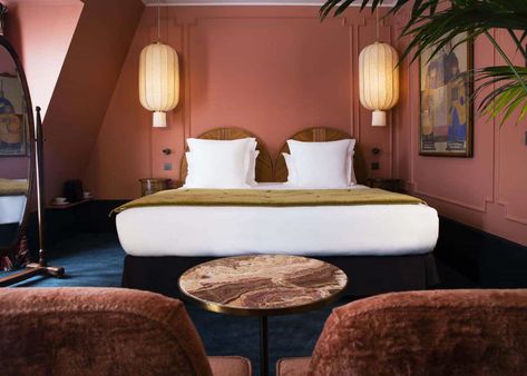 How to style - Emily Henderson Statement Bed, Hotel Room Design, Monte Cristo, Red Herring, Emily Henderson, Bedroom Hotel, Bed Wall, Paris Hotels, Hotel Design