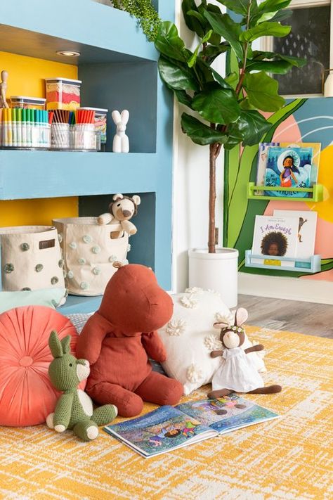 Playroom Update, Green Playroom, Room Plants, Basement Playroom, Rock Climbing Wall, Stair Risers, Small World Play, Art Storage, Room With Plants