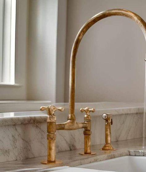 Bridge Faucet Kitchen, Antique Brass Kitchen, Bridge Faucet, Stainless Sink, Brass Sink, Brass Kitchen, Brass Faucet, Aged Brass, Bathroom Faucets