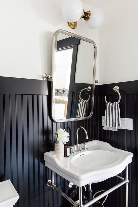 Park City Canyons Remodel: Downstairs - Studio McGee Black Beadboard, Bathroom Wainscoting Ideas, Studio Mcgee Bathroom, Bathroom Wainscoting, Black Wainscoting, Beadboard Bathroom, Beadboard Wainscoting, Wainscoting Bathroom, Wainscoting Styles