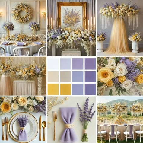 Lavender and yellow are a match made in heaven for a softer, romantic touch. Think lavender bouquets mixed with sunny yellow wildflowers and table linens in these hues. Perfect for outdoor ceremonies or rustic barn weddings, this combination radiates warmth and joy. Enhance the ambiance with lavender-scented candles and yellow fairy lights.   #LavenderAndYellow #RomanticWedding #WeddingPalette #OutdoorWedding #RusticWedding #WeddingInspiration #WeddingDecor #WeddingFavors Purple Blue Yellow Wedding Color Schemes, Pale Yellow And Lavender Wedding, Pale Yellow And Purple Wedding, Lilac And Pale Yellow Wedding, Silver And Yellow Wedding, Lilac And Lemon Wedding, Lilac And Yellow Wedding Theme, Purple And Yellow Wedding Ideas, Light Purple And Yellow Wedding