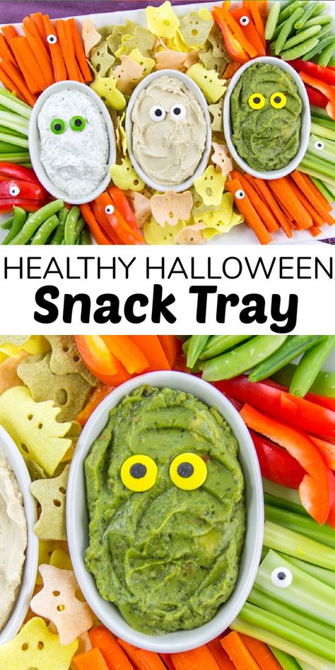 Healthy Halloween Snack Food Tray - Make and Takes Veggie Charcuterie Board Halloween, Pumpkin Shaped Veggie Tray, Halloween Veggies And Dip, Easy Halloween Snacks For Party Healthy, Halloween Veggie Tray For Kids, Healthy Halloween Charcuterie Board, Halloween Trays Food, Healthy Halloween Snacks For Party, Halloween Chips And Dip Ideas