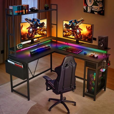 Carbon Fibre Now: $199.9 #gamingdesk #lshapeddesk #computerdesk #gamer #standingdesk Shelves With Led Lights, Corner Gaming Desk, Table Drawer, Office Workstations, Work Station Desk, Corner Table, Drawer Shelves, Rgb Led Lights, Gaming Desk