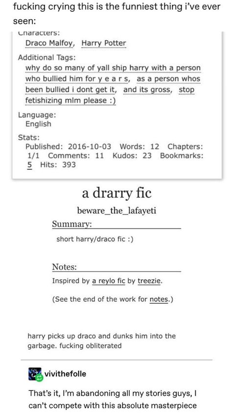 I dont ship drarry but I dont necessarily hate anyone who does. (Ship what you want). I pinned this cause it's funny. Harry Potter Fanfic, Funny Marauders, Ao3 Fanfiction Funny, Drarry Fanfiction Ao3, Drarry Fanfiction, Harry Potter Headcannons, Harry Potter Jokes, Harry Potter Fan Art, Mischief Managed