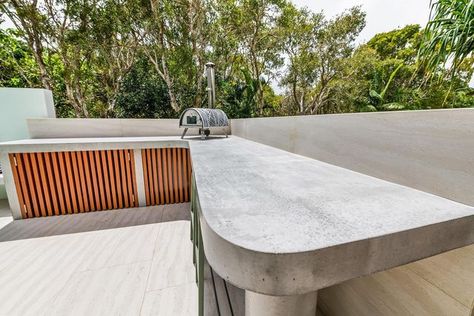 Sticks + Stone Co on Instagram: "Concrete curves 👌 Outdoor concrete bench top we recently installed in this expansive outdoor entertaining area." Curved Concrete Bench, Concrete Bench Outdoor, Concrete Bench Top, Concrete Bench, Concrete Fireplace, Timber Panelling, Outdoor Entertaining Area, Polished Concrete, Outdoor Bench