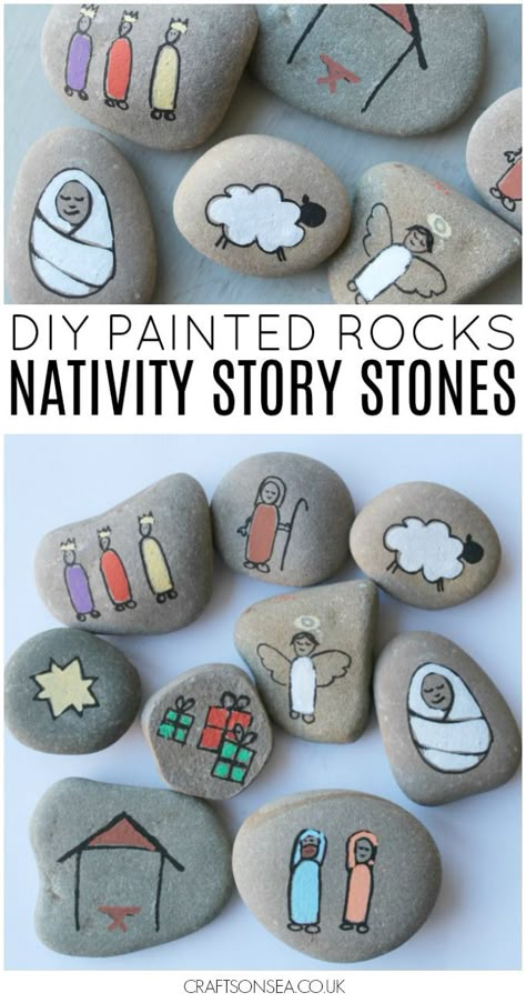 Love painted rocks? These nativity stones are fantastic for telling the Christmas story with kids and they're an easy Christmas craft for kids Diy Stone Painting, Nativity Story Stones, Nativity Stones, Love Painted Rocks, Easy Christmas Craft, Nativity Story, Diy Nativity, Jesse Tree, The Christmas Story