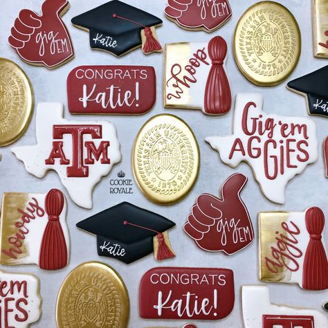 Texas A&m Graduation Cookies, A&m Cookies Decorated, Texas A&m Cookies Decorated, Texas A&m Cookies, A&m Graduation Party, Tcu Cookies, Texas A M Graduation Parties, Grad Cap Cookies, Aggie Cookies