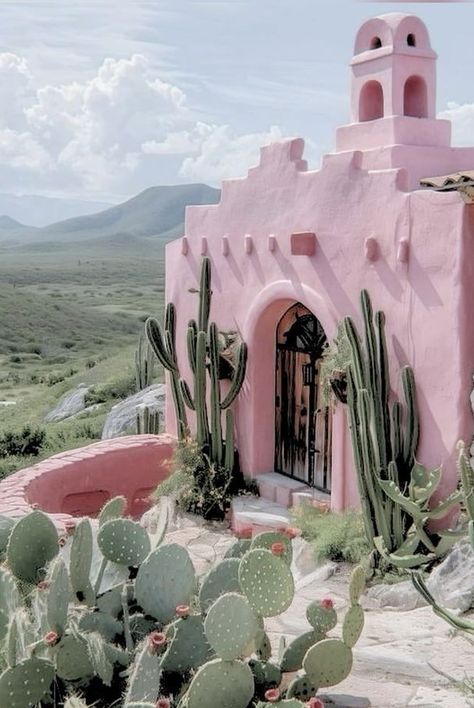 Hacienda Aesthetic, Pink House Exterior, Greek Style Home, Adobe Homes, Exterior Murals, Spanish Hacienda, Beautiful Front Doors, Domestic Bliss, Colour Story