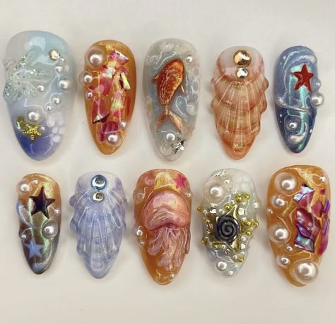 Fish Nails, Summery Nails, Pretty Gel Nails, Really Cute Nails, Kawaii Nails, Fire Nails, Dream Nails, Funky Nails, Pretty Acrylic Nails