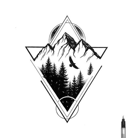 Thiago Bianchini, Geometric Mountain Tattoo, Landscape Tattoo, Forest Tattoos, Muster Tattoos, Geometric Mountain, Geometric Tattoo Design, Mountain Tattoo, Small Tattoos For Guys