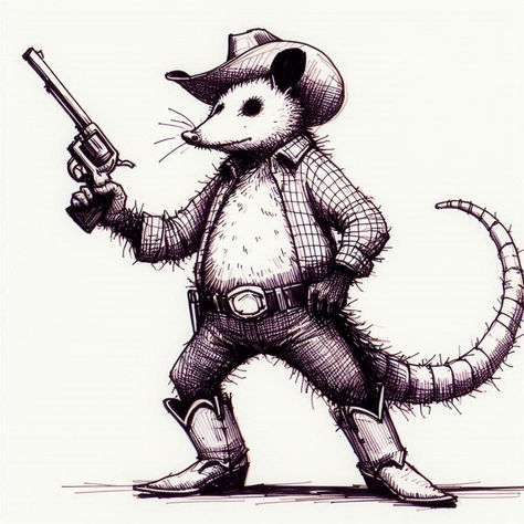 Possum Cowboy Revolver Pencil Drawing Cute Possum Drawings, Possum Sketch, Possum Doodle, Possum Cowboy, Cowboy Revolver, Cute Possum, Cowboy Attire, Determined Expression, Art Biz