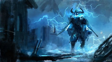 Thunder Monster Art, Dnd Tempest Cleric, Fantasy Scout, Tempest Cleric, Medieval Character, God Of Thunder, Dark Side Star Wars, Giant Monsters, New Fantasy