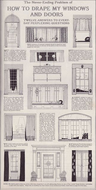 1918 Window Treatments    Some things never change: "The Never Ending Problem of How to Drape my Windows and Doors".  Source: 1918 Delineator Bedroom Blinds, Some Things Never Change, House Blinds, Outdoor Blinds, Casa Exterior, Window Dressings, Cool Ideas, Never Change, Curtain Designs