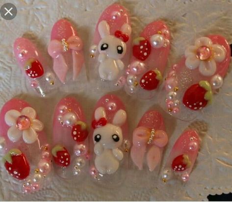 Bunny Kawaii, Strawberry Bunny, Fashionable Nails, Kawaii Nail Art, Bunny Nails, Japanese Nail, Cute Acrylic Nail Designs, Pretty Gel Nails, Really Cute Nails