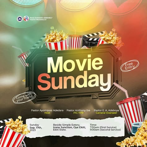 Church movie & film Sunday flyer design Sunday Flyer Design, Poster Design Kids, Movie Flyer, Events Flyer, Gospel Concert, Graphics Board, Notes Stickers, Photoshop Lessons, Content Advertising