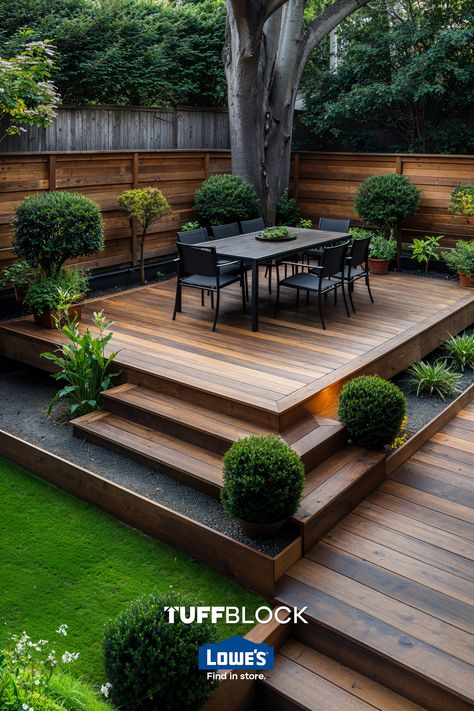 beautiful yard design with deck that has multiple levels, a lush lawn and outdoor dining Modern Floating Deck Ideas, Outdoor Deck And Patio Ideas, Small Floating Deck, Elevated Deck Ideas, Deck Off Back Of House, Multi Level Deck Ideas, Low Profile Deck, Low Deck Designs, Build Your Own Deck