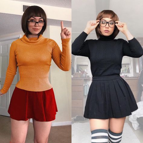 big forehead goth gf on Instagram: “me on september 30th vs me on october 1st skdjdjsj - hewwo the goth gf is back in town and this time she has a bowl cut 👁〰️👁” Velma Costume, Velma Cosplay, Goth Gf, Velma Dinkley, Big Forehead, October 1st, Bowl Cut, Couple Halloween, Couple Halloween Costumes