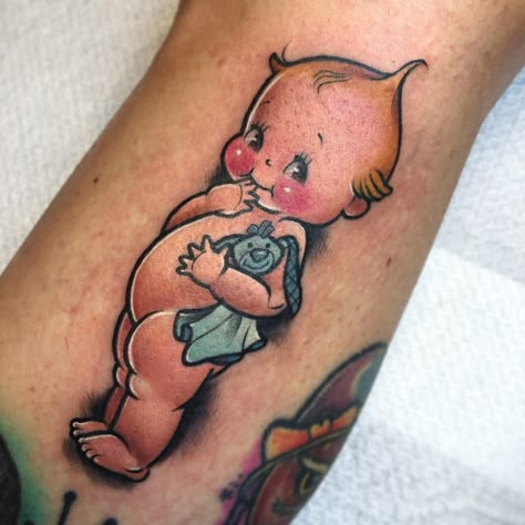 Cupie Dolls Drawing, Traditional Kewpie Doll Tattoo, Cupie Doll Tattoo, Baby Cupid Tattoo, Kewpie Tattoo Traditional, Kewpie Doll Tattoo, Baby Doll Tattoo, Kewpie Cupid, Why Not Tattoo