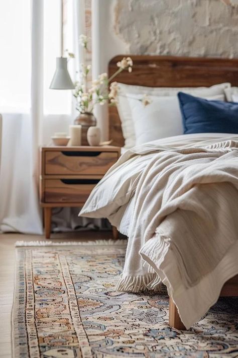 Rugs - How To Place A Rug Under A Queen Bed -  Positioning For Aesthetic A Rug, Queen Bed, Furniture Arrangement, Cozy Space, Queen Beds, Choose Colors, Bedroom Decor, Rug, Queen