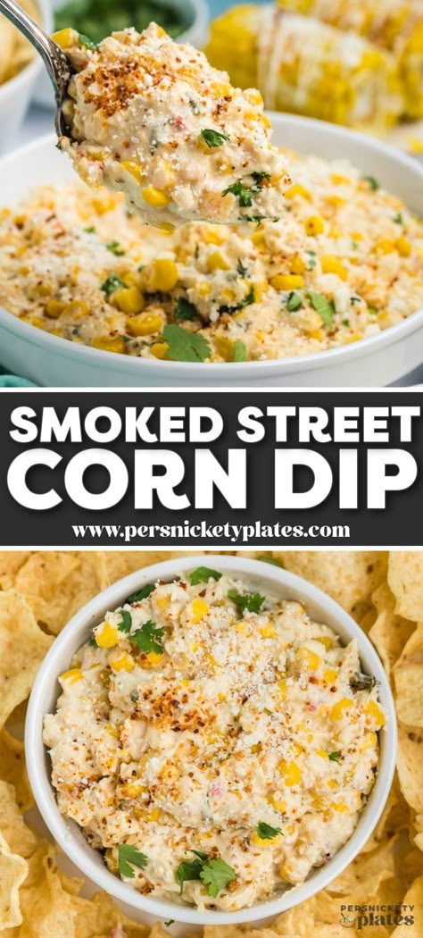 This one pan creamy smoked street corn dip is made with Fiesta and Southwest canned corn and a creamy base of Greek yogurt, cream cheese, and melty Pepper Jack cheese. Everything gets added to a pan and then placed in a smoker for a low and slow melt until ooey, gooey, and flavorful. Street Corn Dip With Cream Cheese, Street Corn Cheese Dip, Sweet Chili Cream Cheese Dip, Smoked Elote Corn Dip, Jalapeno Corn Dip With Cream Cheese, Smoked Taco Dip, Side Dishes For Grilled Cheese, Corn Dip Cream Cheese, Party Food Dips