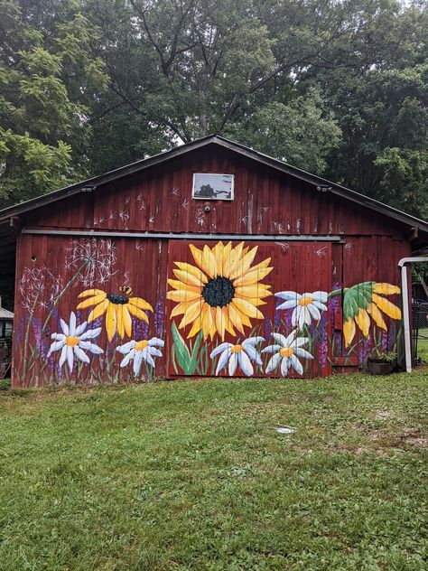 Painted Garden Sheds, Farm Mural, Painted Fence, Fairy Garden Art, Fence Painting, Painted Shed, Garden Fence Art, Outside Paint, Garden Mural