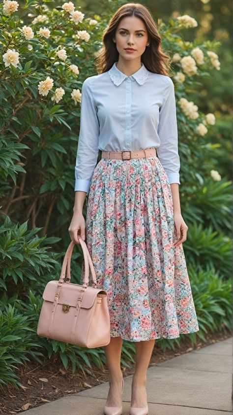 Long Skirt With Button Down Shirt, Romantic Office Outfit, Classic Dress Vintage Classy, Corporate Office Outfits Women Summer, Button Up Shirt With Skirt, Classy Timeless Outfits, Preppy Teacher Outfits, Patterned Skirt Outfit, Elegant Modest Outfits