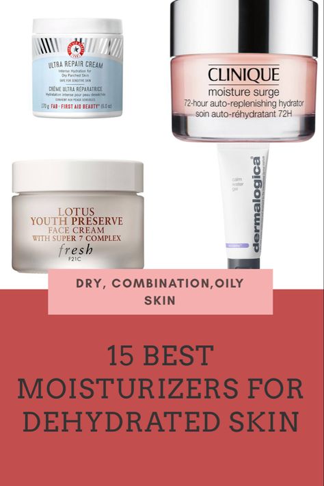 What's the difference between dry and dehydrated skin? Most people confuse dryness with dehydration. Dryness is a skin type just like oily or combination skin. But dehydration is a skin issue that can happen to any type of skin! See the absolute best moisturizers for dehydrated skin for dry,combination, oily and sensitive skin.  #moisturizersfordehydratedskin Products For Dehydrated Skin, Best Moisturizer For Dehydrated Skin, Skincare For Dehydrated Skin, Best Daily Moisturizer Face, Best Face Cream For Dry Skin, Best Facial Moisturizer For Dry Skin, Dehydrated Skin Remedies, Best Moisturizer For Sensitive Skin, Best Moisturizer For Face