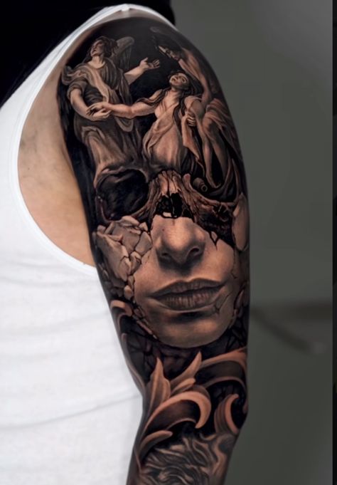 Realistic Tattoo Sleeve Designs, Realism Tattoo Sleeve For Men, The World Tattoo, Angel Sleeve Tattoo, Inner Bicep Tattoo, Hyper Realistic Tattoo, Filigree Tattoo, Realistic Tattoo Sleeve, Manga Tattoo