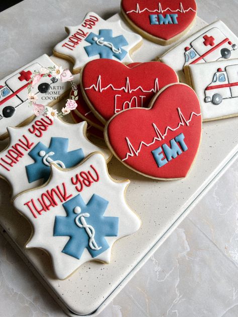 Ambulance Party Food, Paramedic Cookies Decorated, Ems Party Ideas, Emt Party Ideas, Ems Week Ideas, Emt Graduation Party Ideas, Emt Graduation Party, Ambulance Cookies, Ems Week Gift Ideas