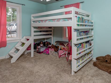 Custom Kids Loft Bed, Bunk Bed With Book Shelves, Lofted Kids Bed, Loft Bed Kid, Kid Loft Bed Ideas, Kids Room With Loft Bed, Loft Bed Ideas For Girls Room, Toddler Loft Bed Ideas, Girls Loft Bedroom Ideas