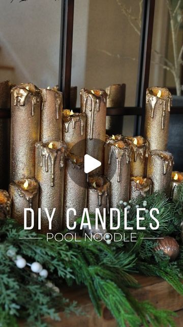 118K views · 15K likes | Mary Beth Wilhelm on Instagram: "DIY Dollar store pool noodle candles…but make it Christmas! 🕯️The Halloween version was a hit so I had to recreate for my favorite holiday! 🎄I used dollar store pool noodles, battery operated tea lights from Amazon, Rustoleum metallic gold spray paint and rub n buff to create these. Oh, and lots of glue sticks….LOTS of glue sticks 🤣 Such an easy craft!  What color candles would you make? 🤔 Let me know below!" Pool Noodle Candles, Spray Paint Crafts, Pool Candles, Color Candles, Metallic Gold Spray Paint, Rustoleum Metallic, Pool Noodle Crafts, Christmas Candles Diy, Rub N Buff