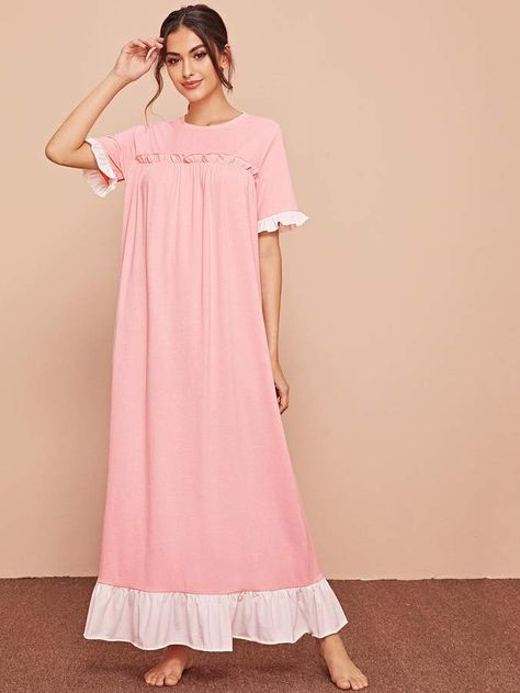 Shein Frill Trim Two Tone Nightdress Night Gowns For Women, Night Gown Cotton, Nighty Night Dress, Girls Night Dress, Cotton Night Dress, Pijamas Women, Night Gown Dress, Kurti Embroidery Design, Dress Neck Designs