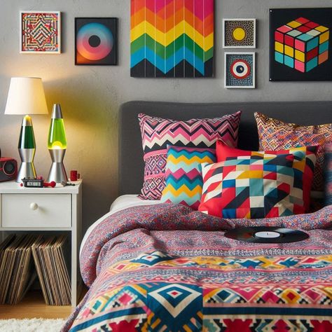 80s Bedroom 80s Themed Bedroom, Retro 80s Bedroom, 80s Bedroom Ideas, 80s Bedroom, Vinyl Record Display, Vinyl Record Collection, Accent Wall Paint, Bold Color Palette, 80s Style