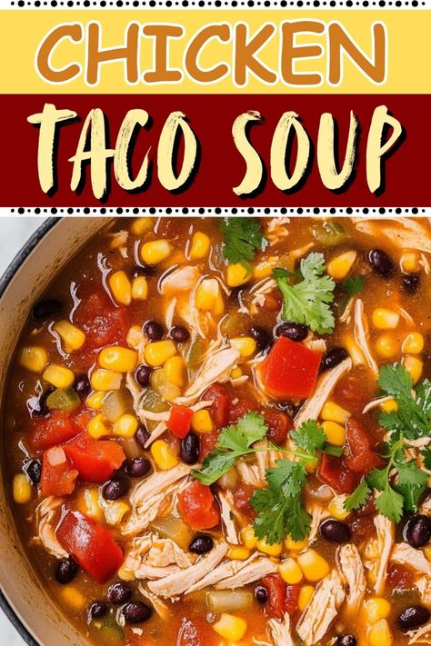 This chicken taco soup is guaranteed to warm you up! With tender chicken, beans, corn, tomatoes, peppers, and spices, it's like a hug in a bowl. Chicken Taco Soup With Beer, Gluten Free Chicken Taco Soup, Taco Soup Recipe With Chicken, 7 Can Chicken Taco Soup Recipe Easy, Chicken Taco Soup Recipe Easy Stove Top, Chicken Taco Soup Stove Top, Taco Soup Recipe Chicken, Healthy Chicken Taco Soup, 8 Can Chicken Taco Soup