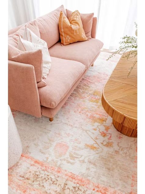 Peach Palette, Peach And Cream, Pink Sofa, Baby Room Rugs, Colourful Living Room, Cream Tones, Vintage Space, Pink Interior, Medallion Design