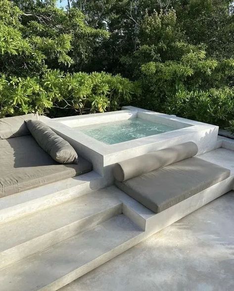 Everything You Need to Know Before Building a Pool in Your Backyard Garden Plunge Pool, Concrete Jacuzzi Outdoor, Hot Tub Inground, Mod Pools Shipping Container, Pools With Spas, Backyard With Jacuzzi Ideas, Pool With Jacuzzi Ideas, Cement Hot Tub, In Ground Hot Tub Ideas Backyard