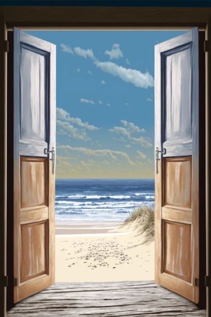 Open Door Painting, Doors Painting, Anime Arms, Door Drawing, Scripture Painting, Fused Glass Panel, Beach Art Painting, Seaside Art, Painted Front Doors