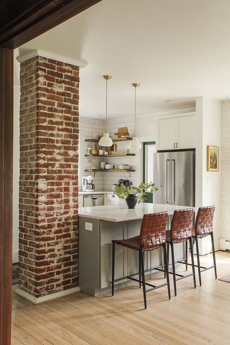 Brick Columns Interior, Column In Kitchen, Kitchen Exposed Brick, Columns Interior, Small Open Kitchens, Open Living Room Design, Kitchen Chimney, Small Kitchen Layouts, Open Plan Kitchen Living Room