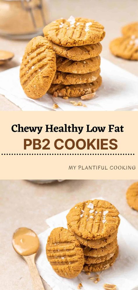 These soft and chewy PB2 peanut butter cookies are great as a healthy snack or dessert! Low in both fat and calories, and is easy to make. Low Calorie Vegan Cookies, Low Calorie Peanut Butter Cups, Easy Low Calorie Cookies, Low Calorie Cereal Recipe, Low Calorie Pb2 Recipes, Low Fat Cookies Healthy, Low Calorie Vegan Dessert, Low Calorie Cookies Recipes, Pbfit Cookies