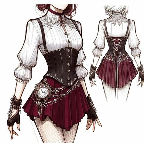 Outfit Designs Drawing, Drawings Of Dresses, Female Outfits Drawing, Anime Outfits Female, Corset Drawing, Outfit Drawing Ideas, Clothing Design Sketches, Fashion Drawing Dresses, Drawing Anime Clothes