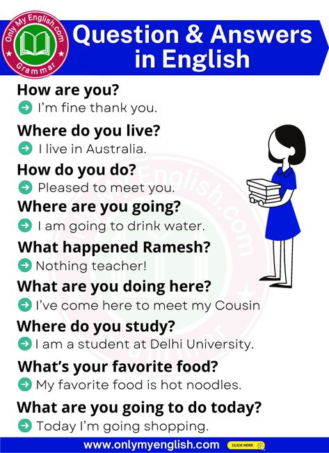 100+ Common Question and Answers in English » OnlyMyEnglish English Questions And Answers, English Conversation Worksheets, English Questions, English Conversation For Kids, English To Hindi, Basic English Grammar Book, Simple English Sentences, English Conversation Learning, Basic English Sentences