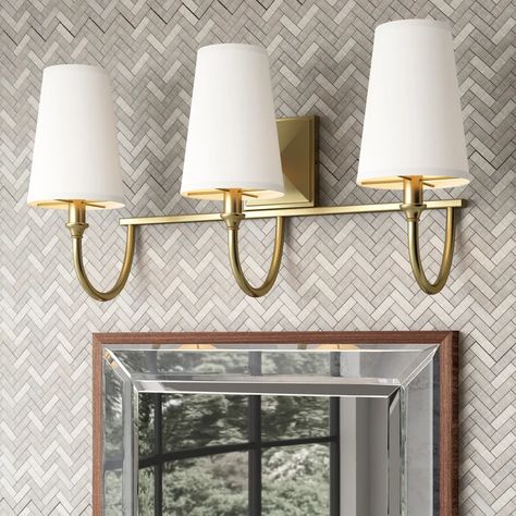 Greyleigh™ Payson 3 - Light Dimmable Vanity Light & Reviews | Wayfair Powder Room Lighting, Brass Vanity Light, Fabric Empire, Gold Bathroom, Bathroom Light Fixtures, Steel Design, Single Bathroom Vanity, Diffused Light, Bathroom Vanity Lighting