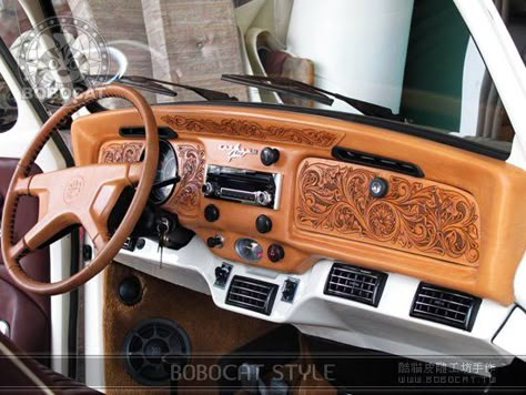 tooled car dash Diy Truck Interior, Hotrod Interior, Western Car, Old Dodge Trucks, Trucks Chevy, Leather Working Patterns, Custom Car Interior, Custom Pickup Trucks, Lifted Truck