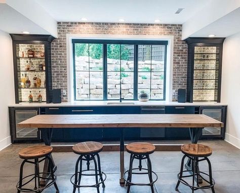 Basement Bar Ideas for a Stellar Rec Room Downstairs Basement Bar With Island Seating, Wet Bar Basement, Rustic Basement Bar, Basement Wet Bar, Basement Bar Design, Basement Bar Ideas, Oak House, Dream Basement, Park Project