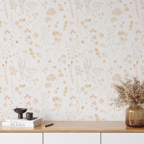 Pink & Gold Wildflowers Wallpaper W136 Floral Wallpaper White Background, Pink And Gold Bedrooms, Simple Nursery Wallpaper, Gold Wallpaper Nursery, Wallpaper Room Bedrooms, Girls Bathroom Wallpaper, Dining Room Wallpaper Accent Wall, Wallpaper In Bathroom Ideas, Princess Bedroom Ideas Toddler