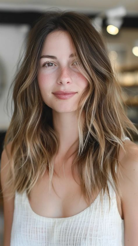 Woman with long, wavy hair smiling softly indoors. Hazel Brown Hair Highlights, Highlights For Hazel Eyes, Balayage With Lowlights Brunettes, Balayage Hair Low Maintenance, Brown Partial Balayage, Lowlights For Fall, Soft Brunette Balayage, Chocolate Color Hair, Fall Highlights For Brown Hair