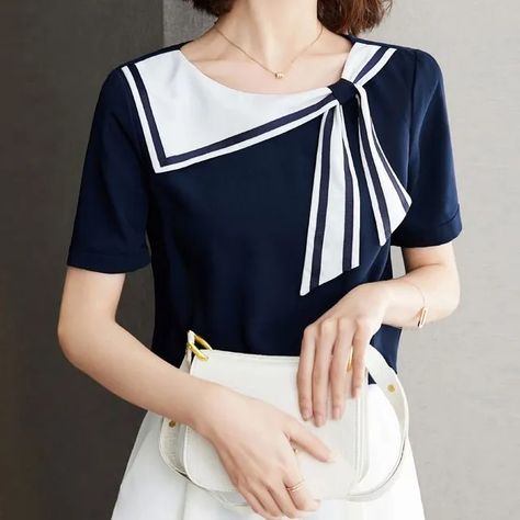 Chelstin - Short-Sleeve Sailor Collar Bow Blouse Nautical Outfits, Summer Styling, Summer T Shirts, Cotton Kurti Designs, Fashion Tops Blouse, Sailor Collar, Pretty Blouses, Bow Blouse, Ladies Tee Shirts