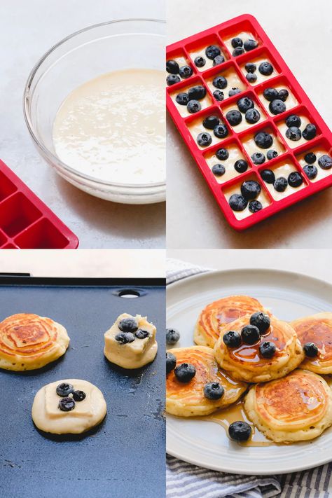 Pancake Prep Breakfast Recipes, Freezer Pancake Batter, Different Ways To Make Pancakes, Pancake Freezer Recipe, Homemade Frozen Pancakes, Pancakes With Frozen Blueberries, Frozen Pancake Ideas, Frozen Pancake Batter Cubes, Ice Cube Pancakes